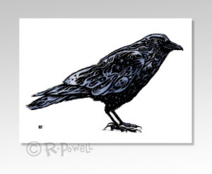scratch board, crow print, wildlife art