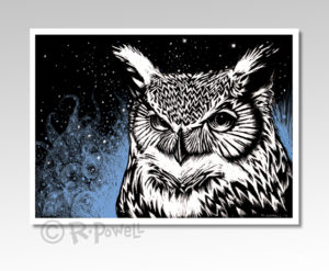 scratch board, owl print, wildlife art